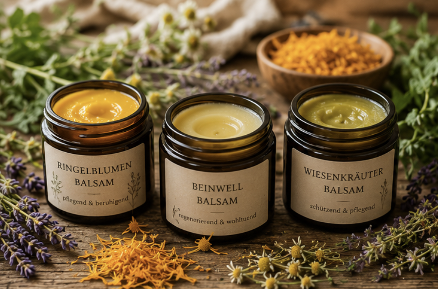 Three jars of herbal balms on wooden table.