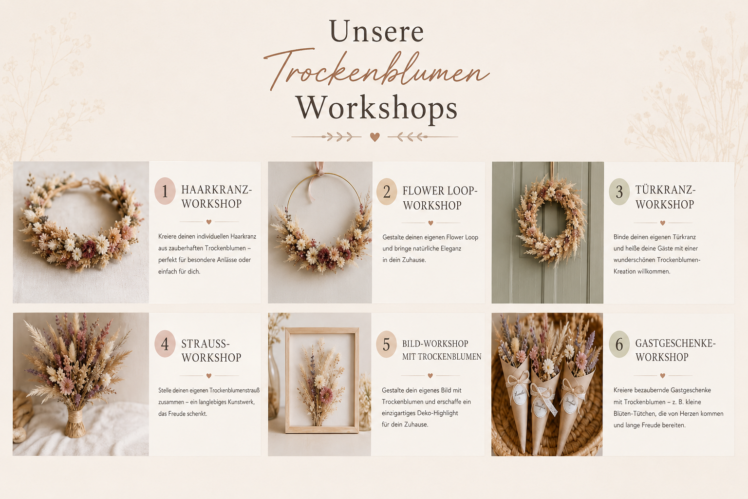 Dried flower workshops with illustrated examples.