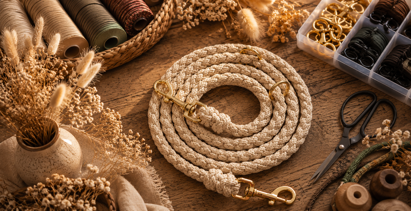 Braided leash on crafting table, surrounded by supplies.
