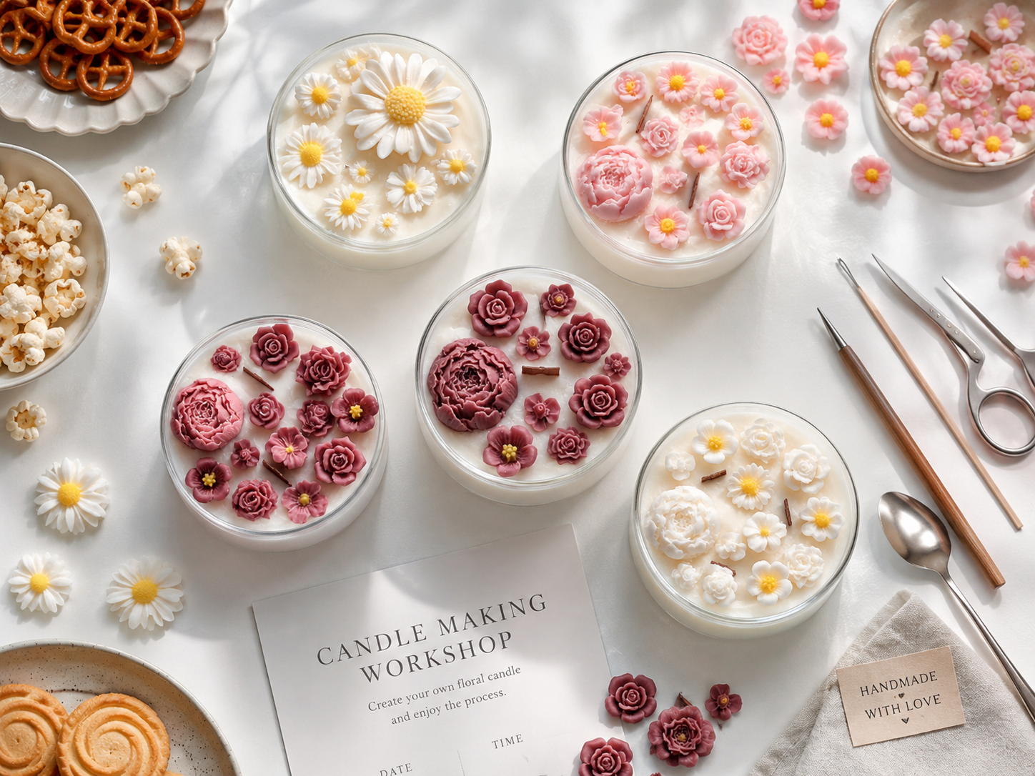 Candles with floral designs on white table.