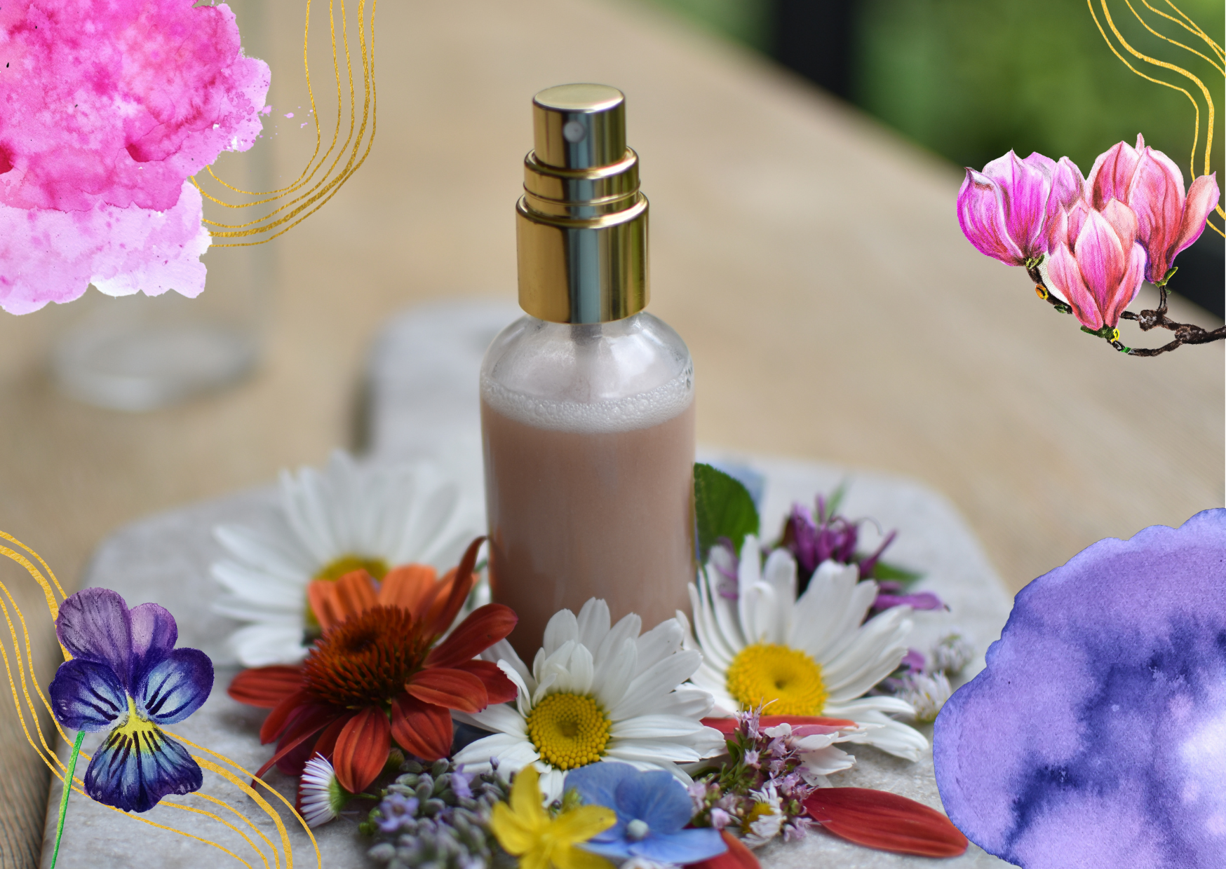 Bottle surrounded by colorful flowers outdoors.