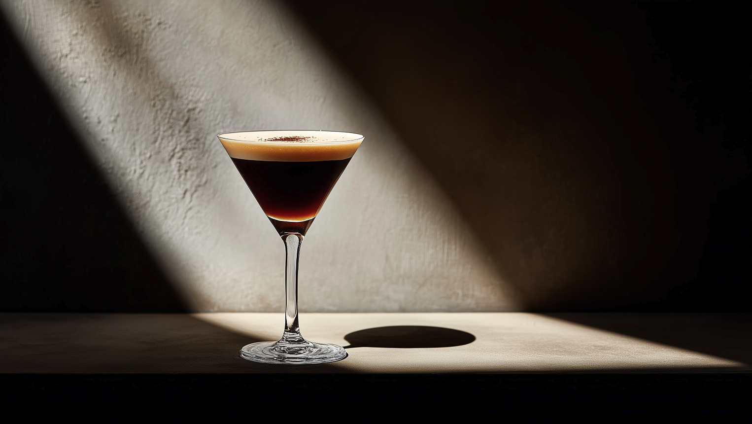 Cocktailglas wirft Schatten auf Tisch.