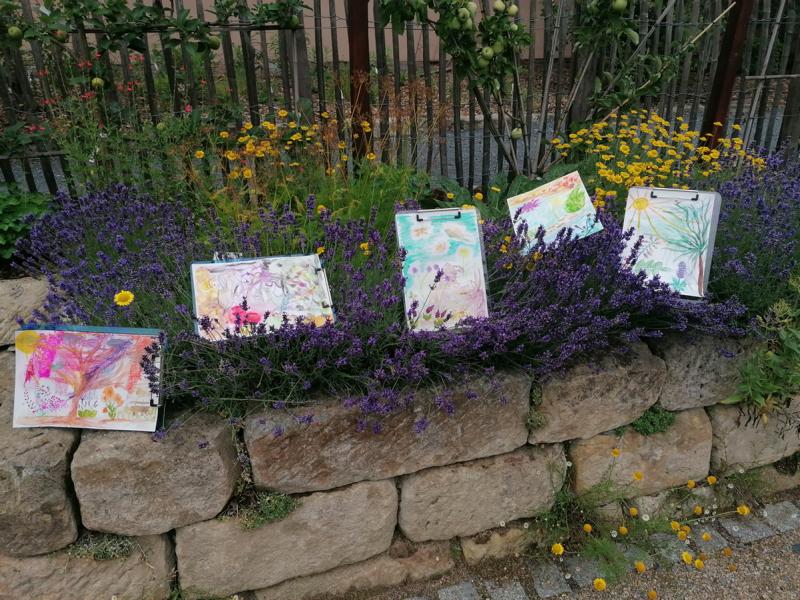 Colorful paintings displayed on lavender bushes.