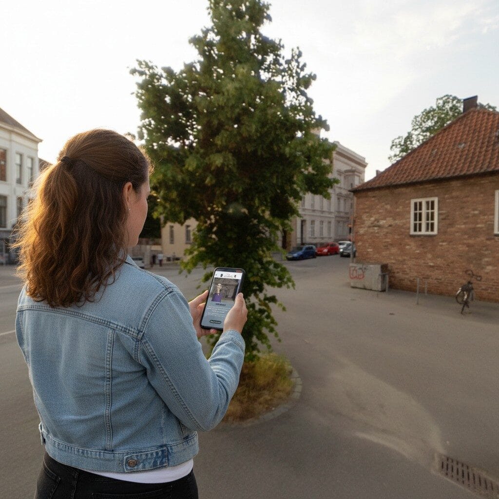 Frau benutzt Smartphone in städtischer Umgebung.