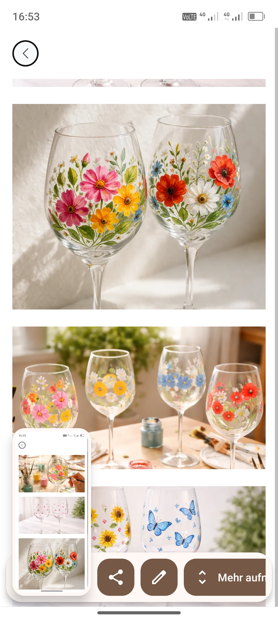 Zwei Gläser mit bunten Blumen bemalt im Sonnenlicht.