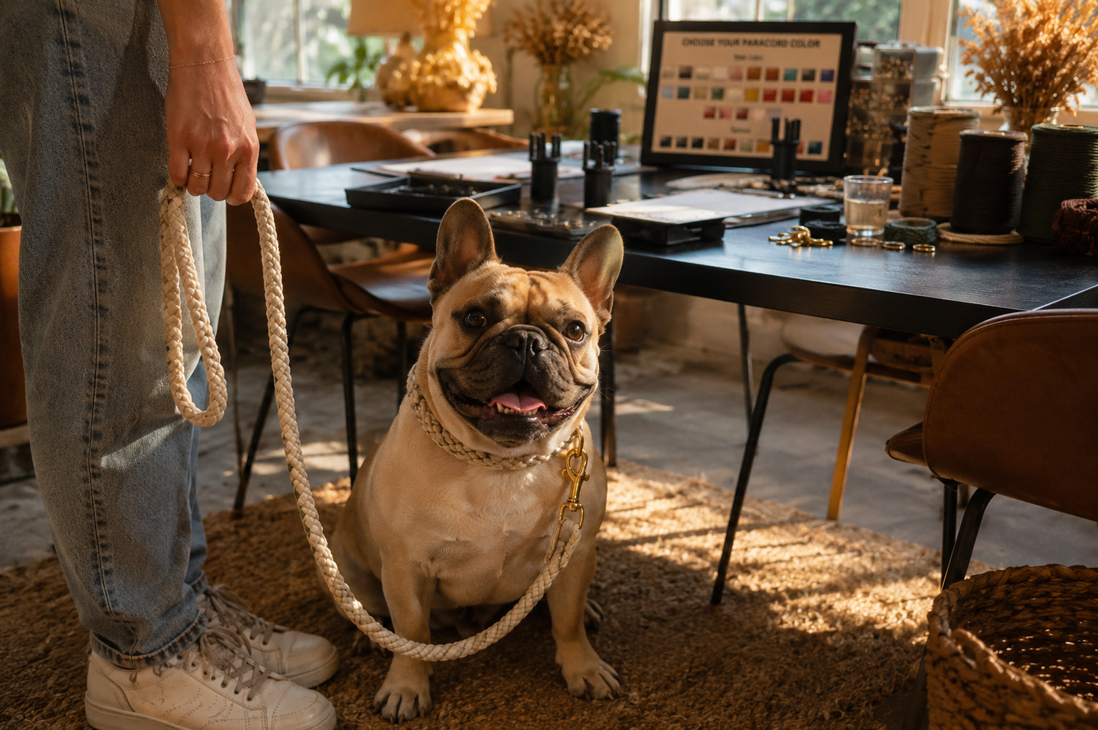Französische Bulldogge sitzt, gehalten von Person, Homeoffice.