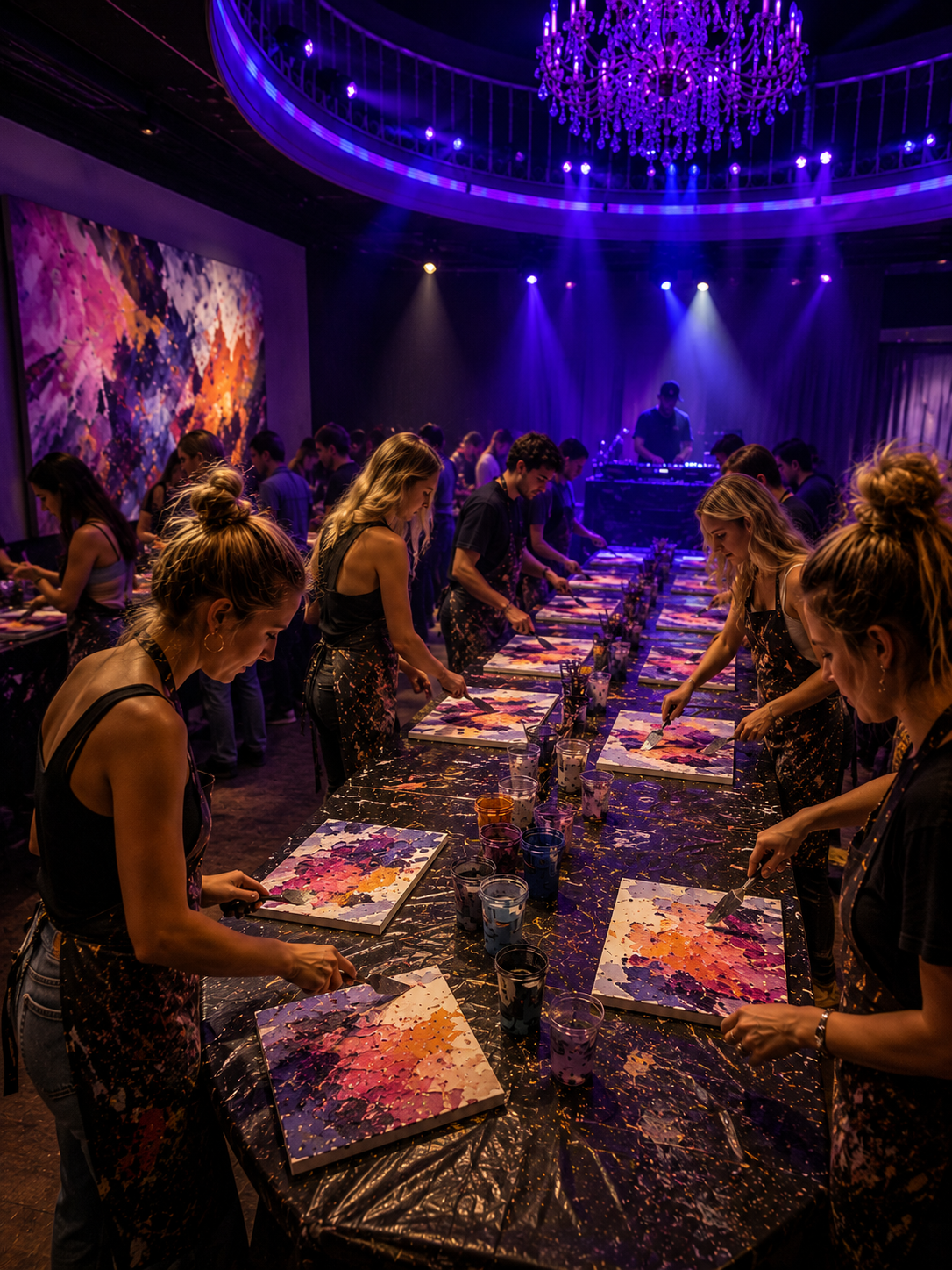 People painting canvases under purple lights.