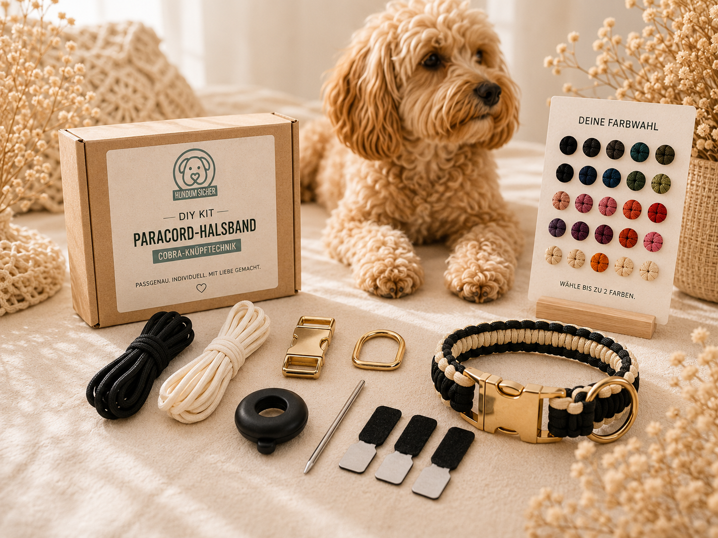Hund liegt neben DIY-Paracord-Halsband-Set.