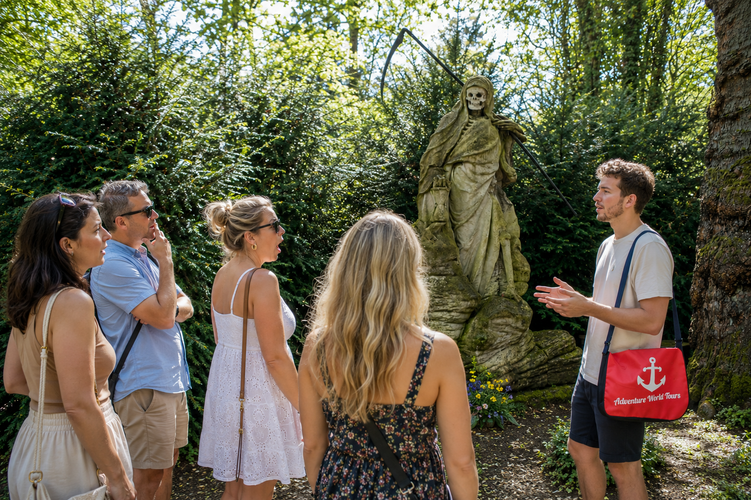 Guide explaining statue to group in garden.