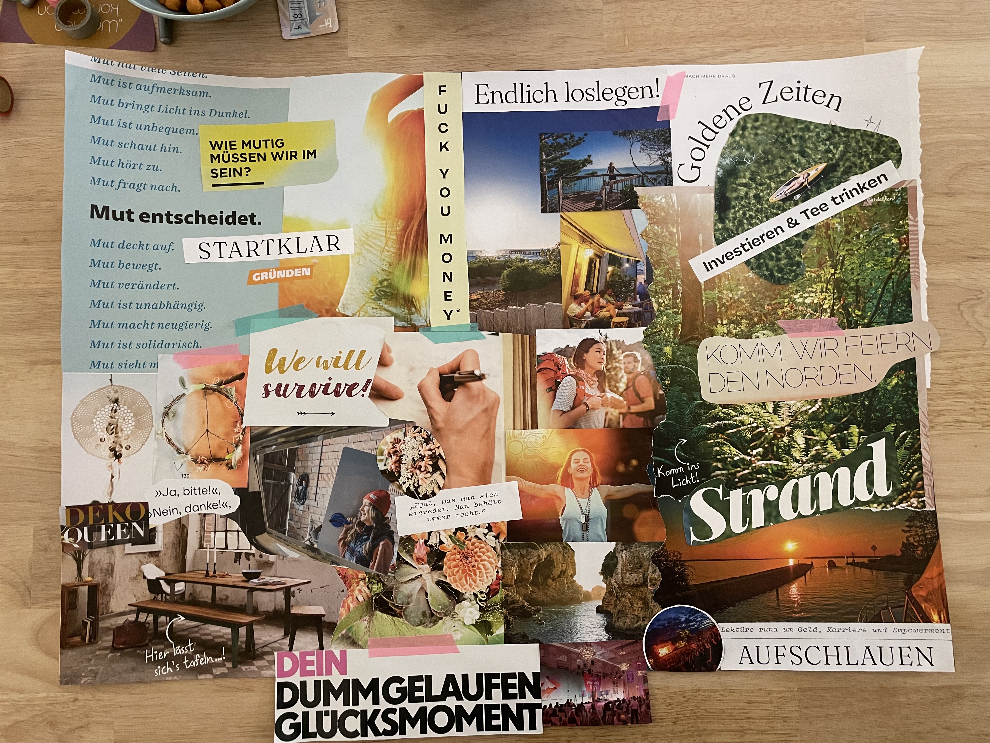 Collage mit inspirierenden Texten und Bildern über Mut und Veränderungen.
