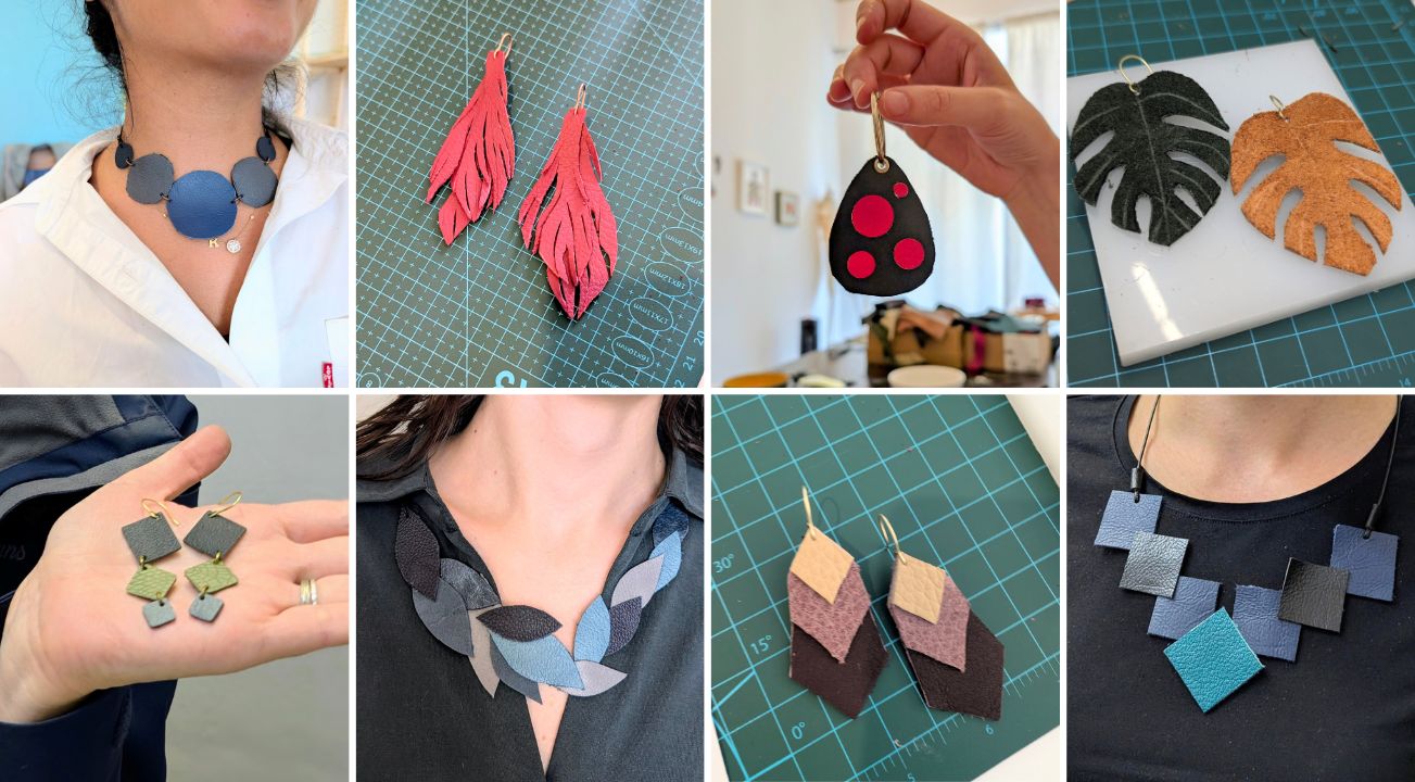 Handgefertigter Lederschmuck auf Displaybrett.