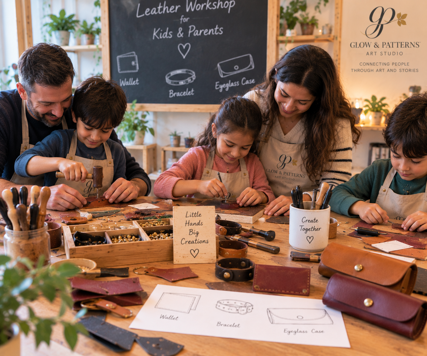 Family creating leather crafts at a table.