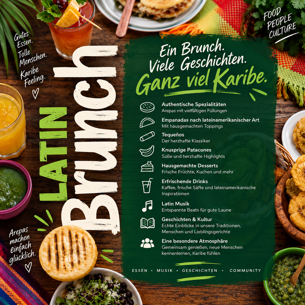 Colorful brunch promotion with food and drinks.