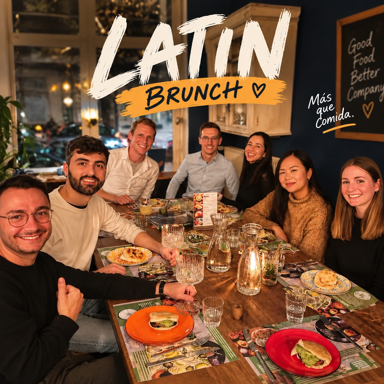 Gruppe genießt Brunch in gemütlichem Restaurant.