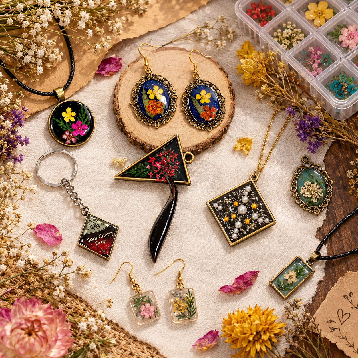 Jewelry featuring colorful flowers on rustic display.