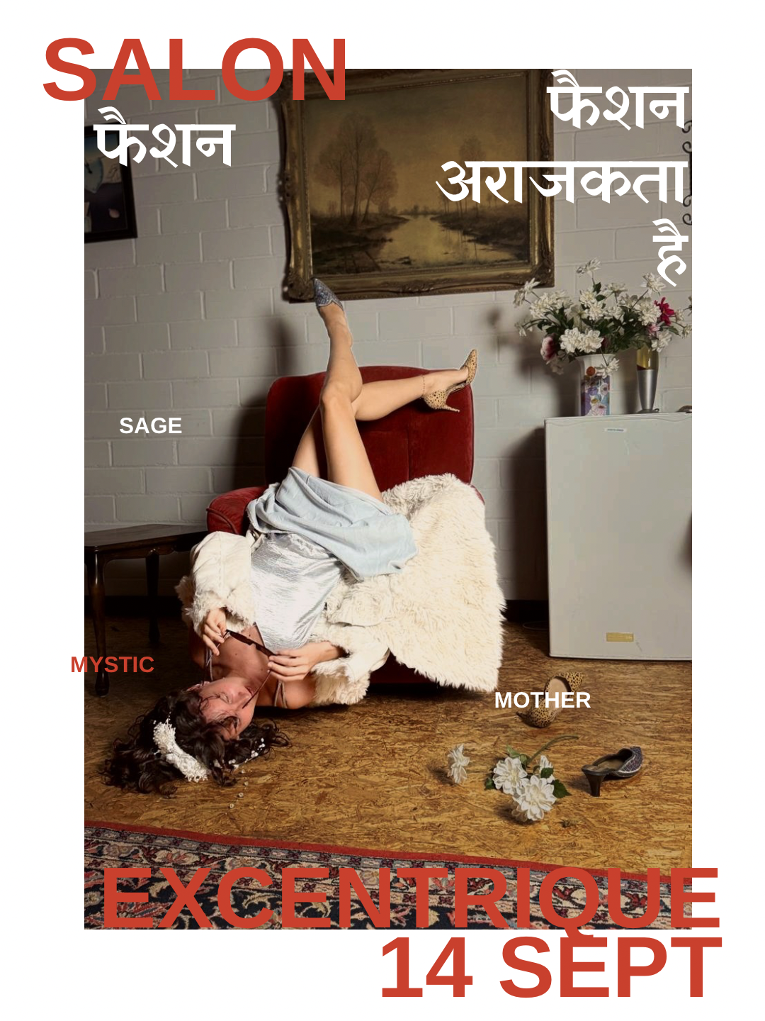 Person upside down in chair, draped in white fur.