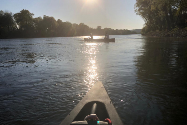 Kanu fährt auf ruhigem Wasser bei Sonnenlicht.