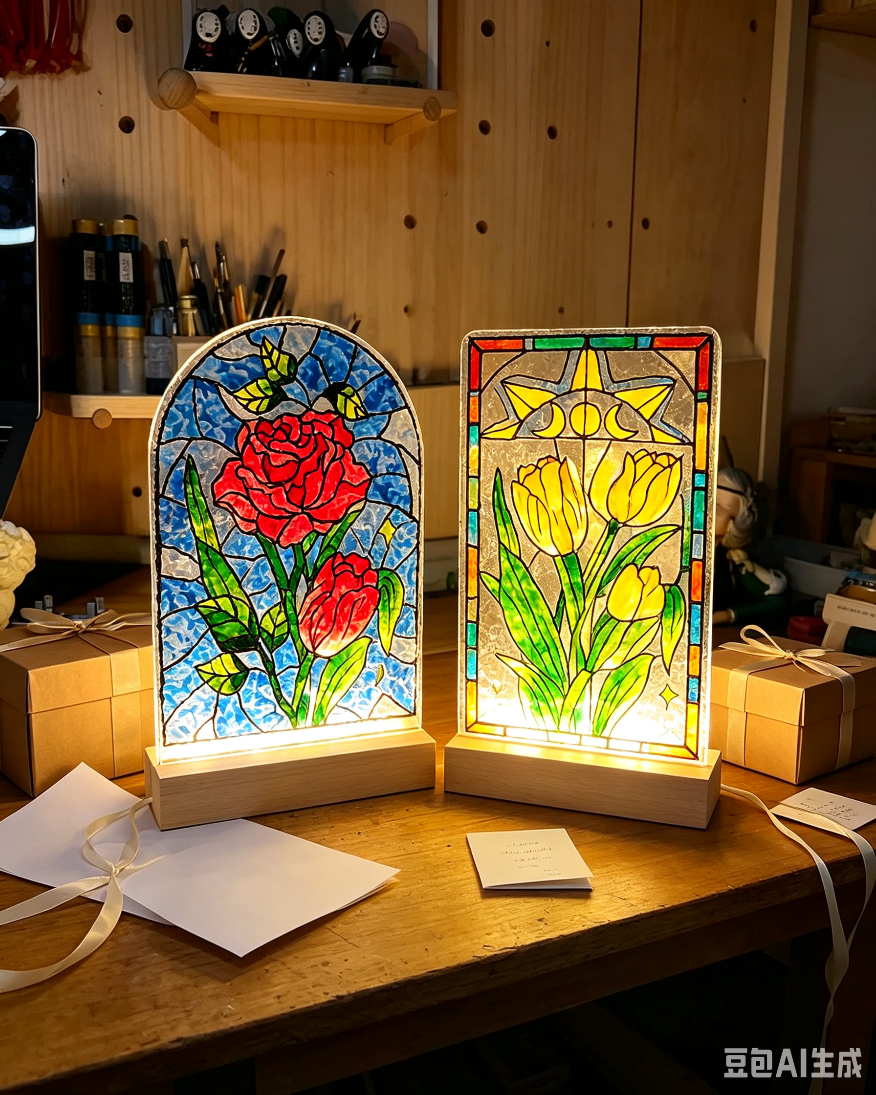 Zwei Glasmalerei-Lampen auf Holztisch.