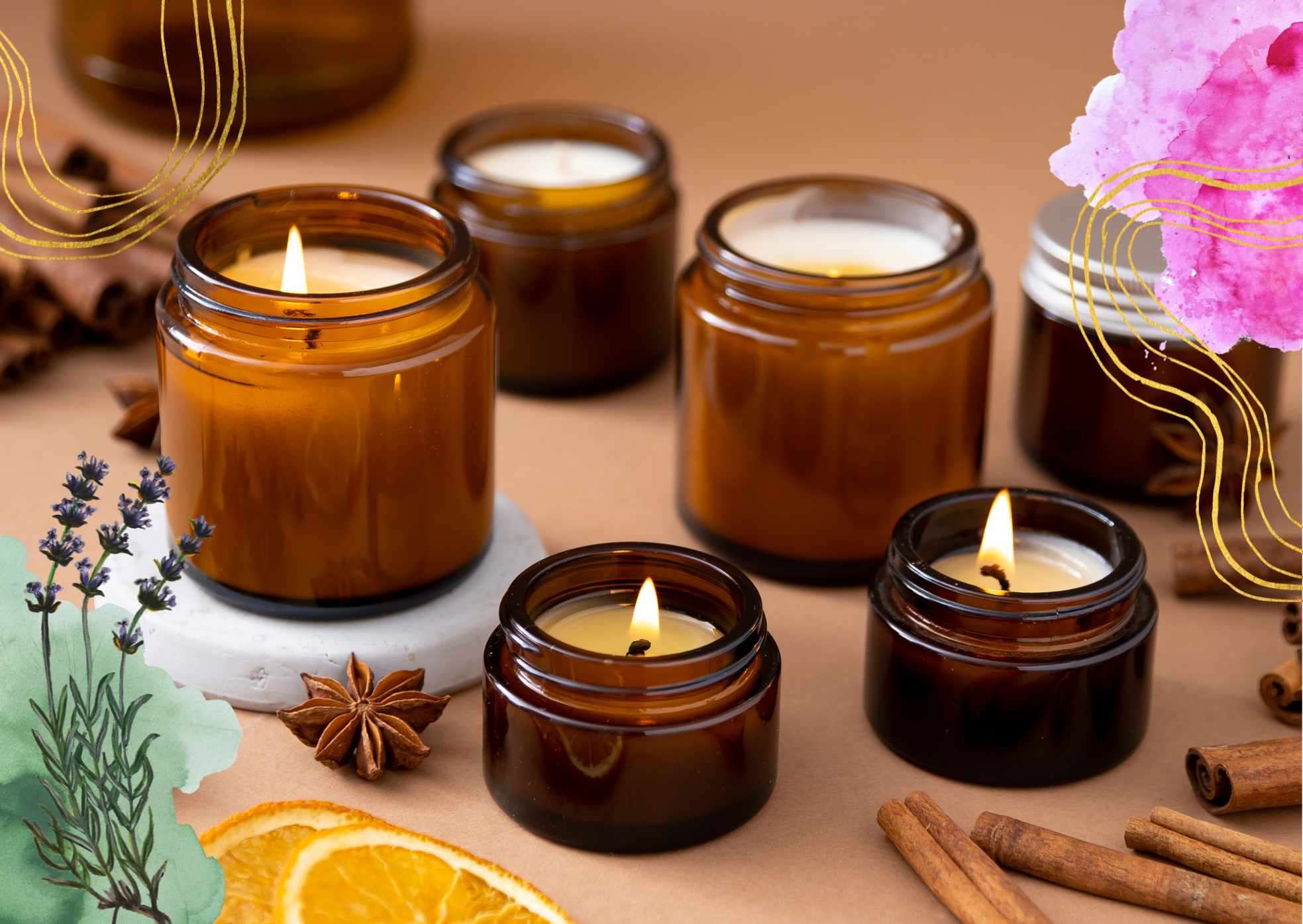 Brown candles burn on a light brown background.