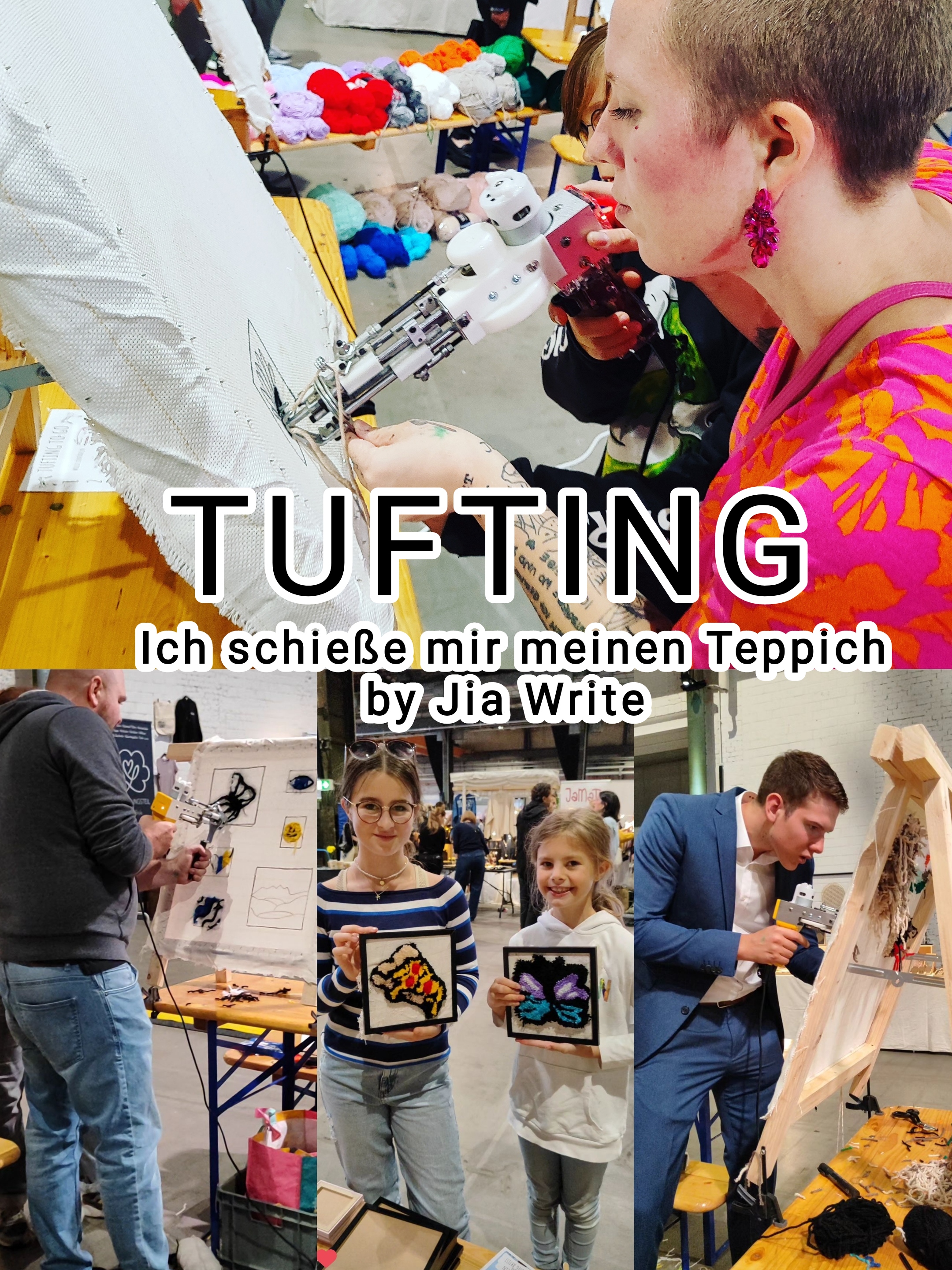 Artists work on textile art while viewers learn and create.