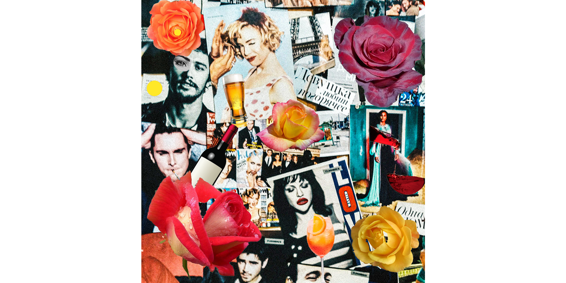 Bilder und Getränke umgeben von bunten Blumen und Zeitschriften.