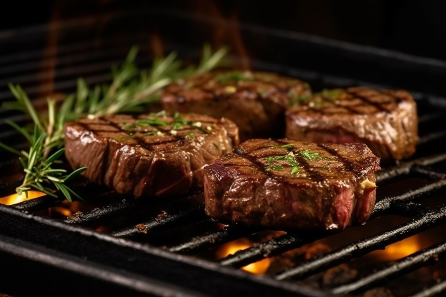 Steaks braten auf einem Grill über offenen Flammen.