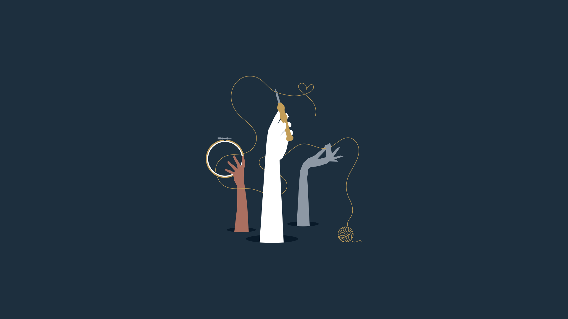 Hands hold thread and tools in a dark background.
