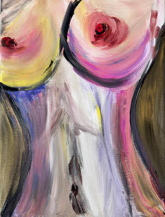 Two stylized breasts in soft colors and lines.