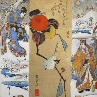 Drei historische japanische Kunstwerke zeigen verschiedene Szenen.