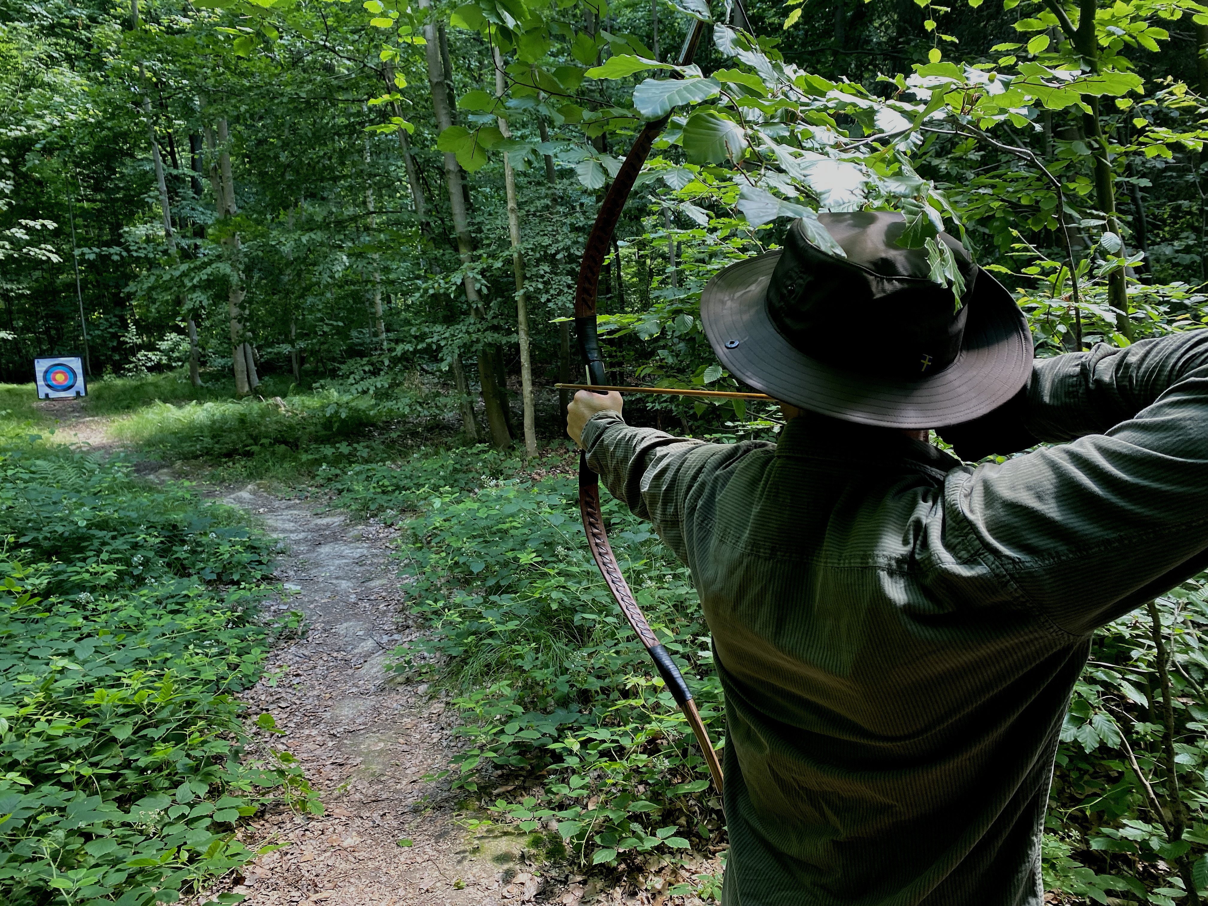 Archer aiming bow at target in forest.