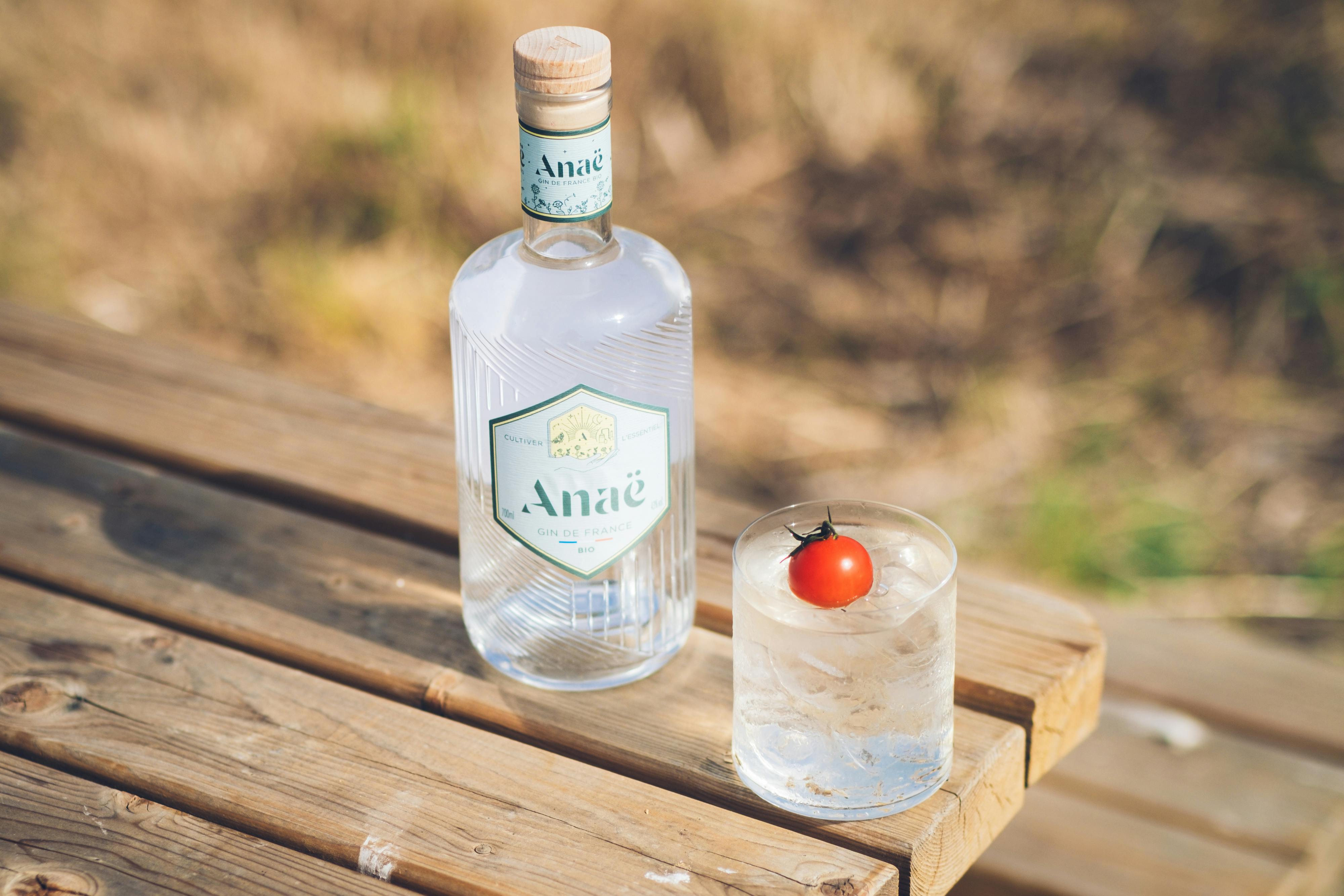 Flasche mit Wodka neben einem Glas mit Eis und Tomate.