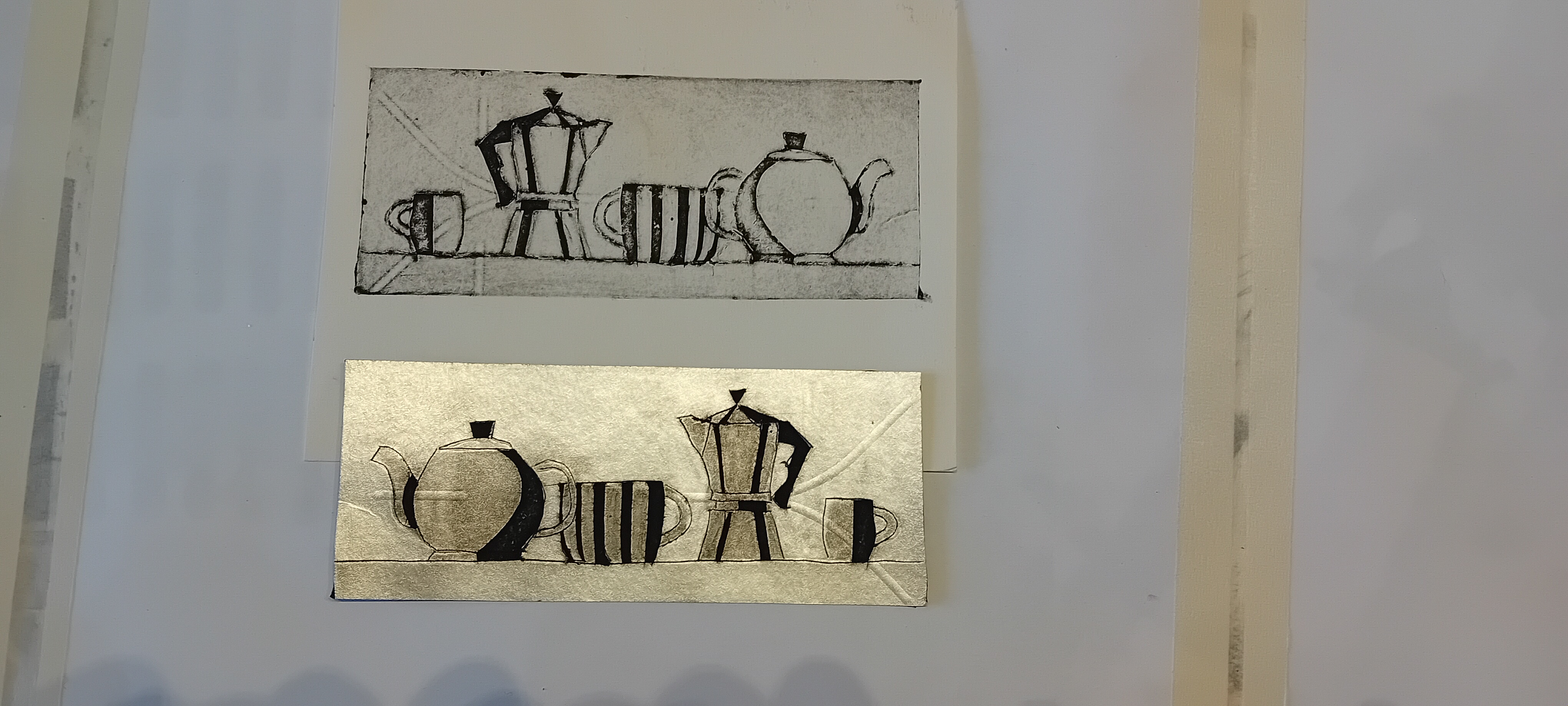 Two coffee pots and cups on different backgrounds.