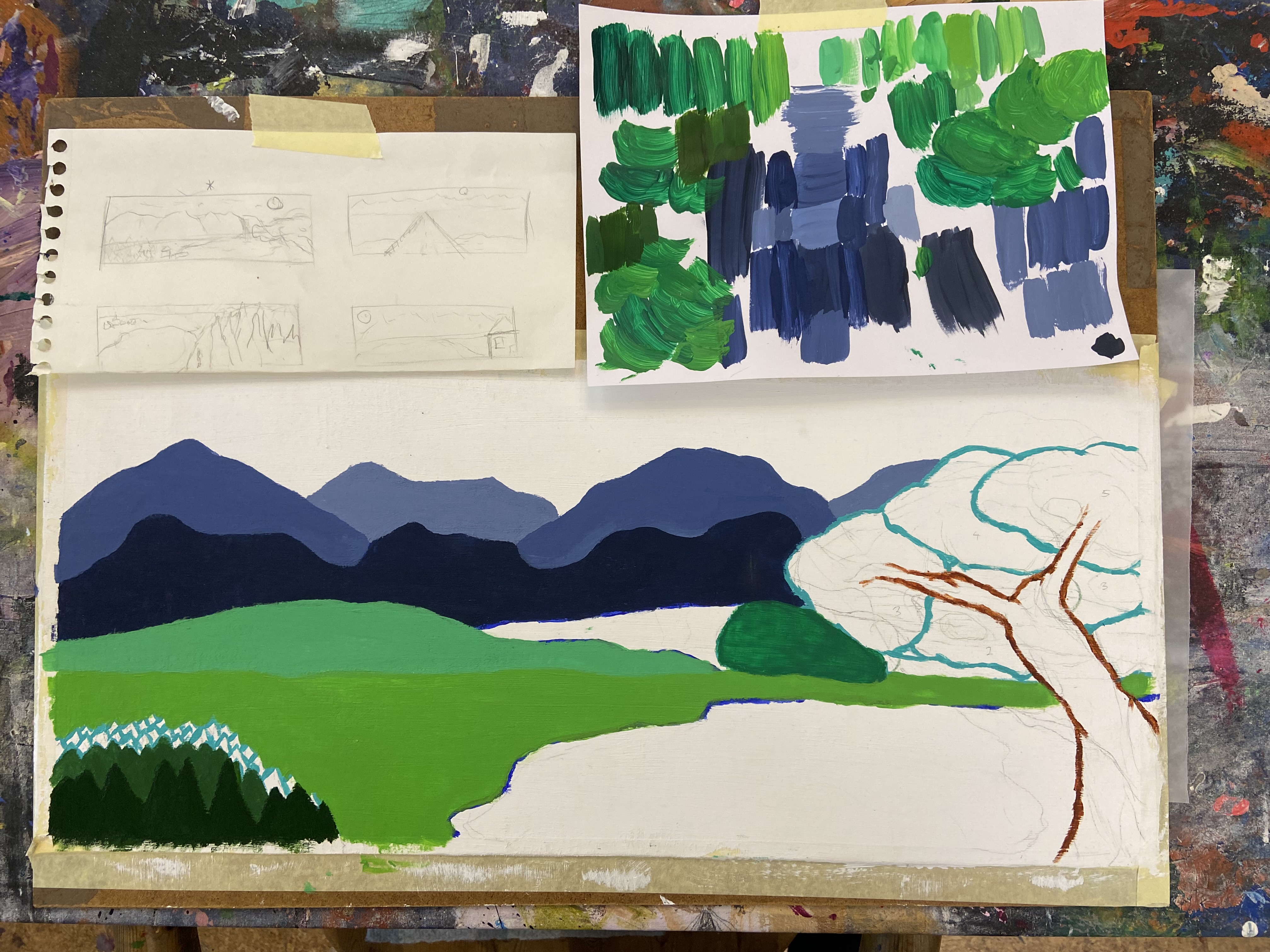 Unfinished landscape painting with sketches and color swatches.
