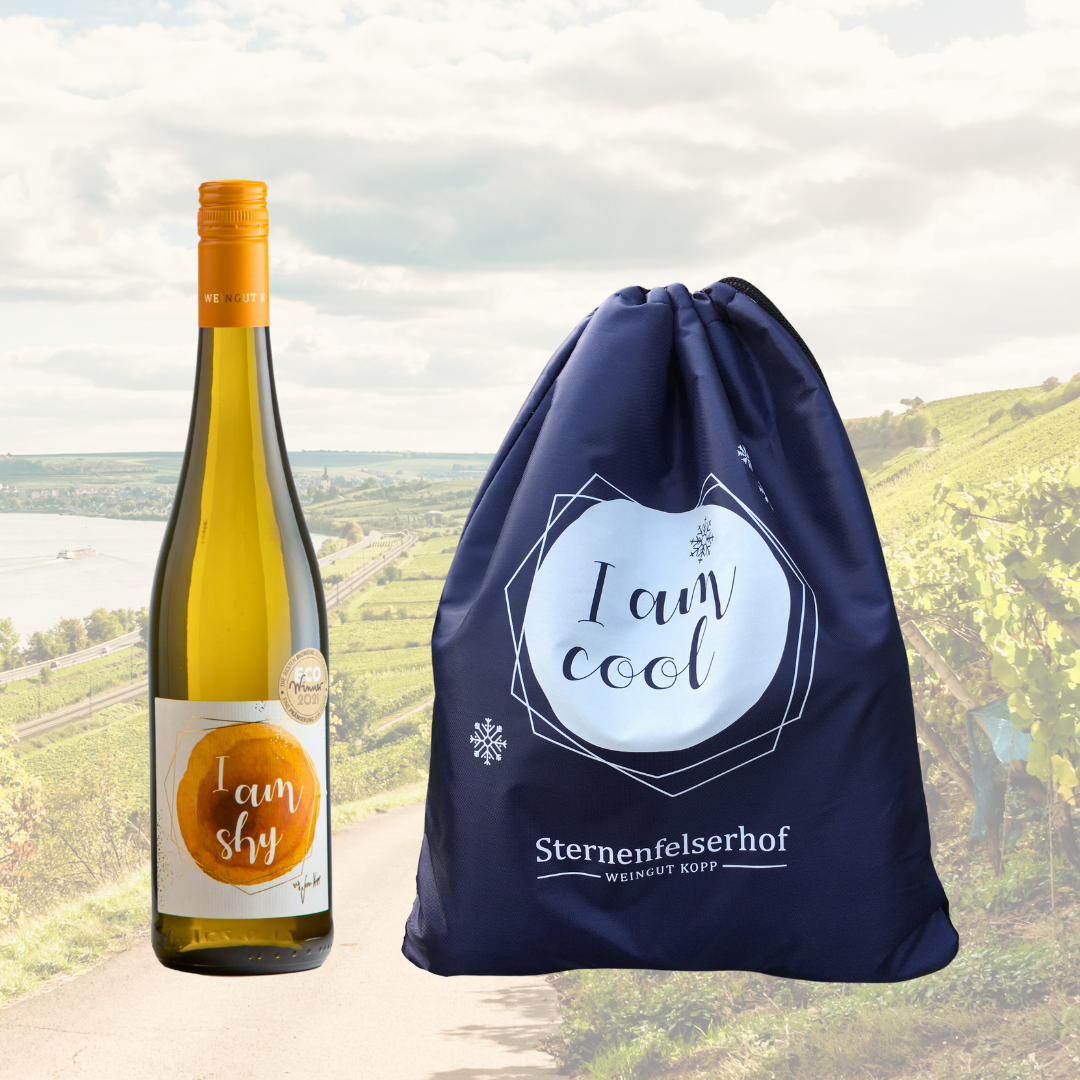 Wine bottle and bag with text, vineyard backdrop.
