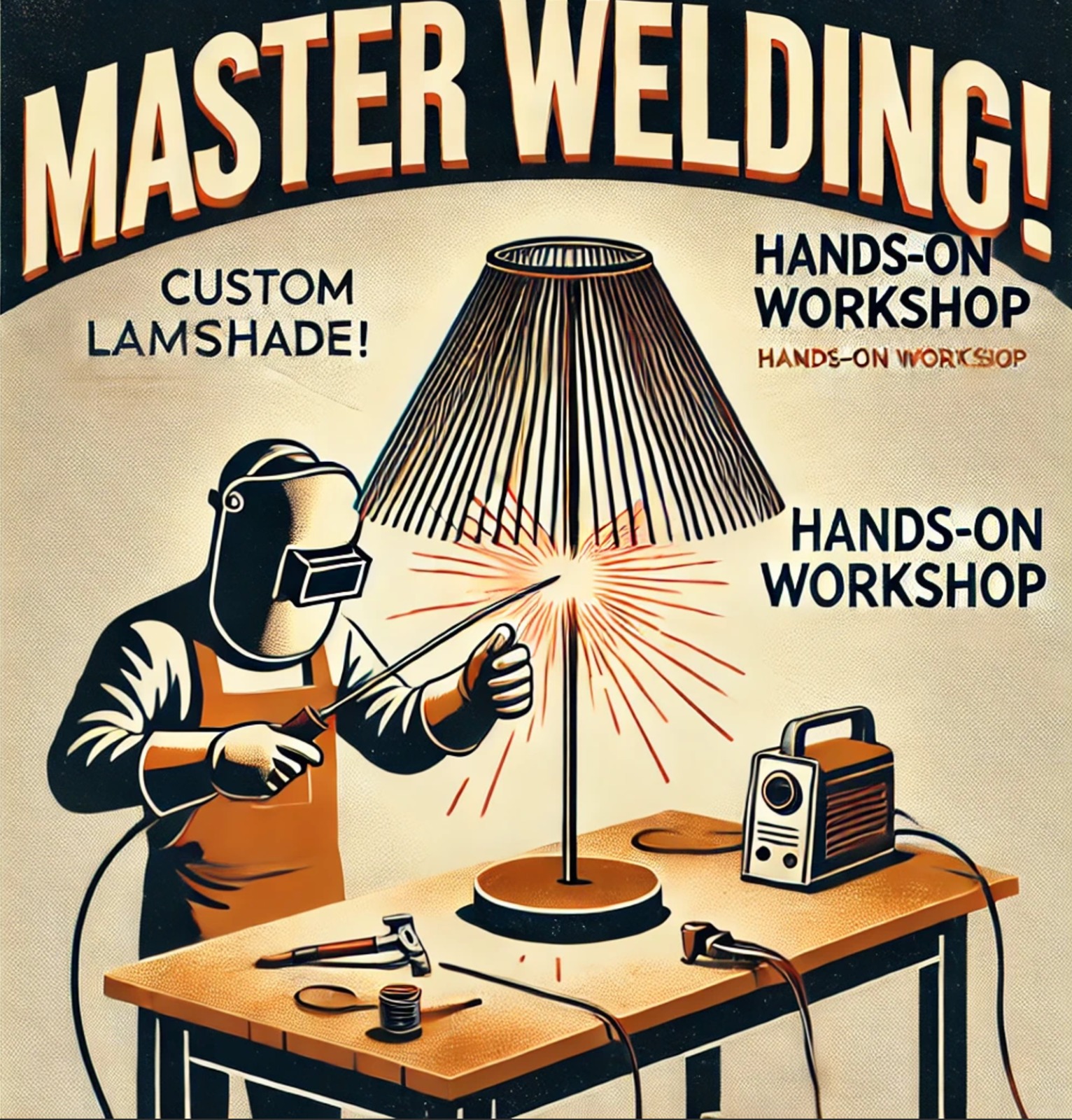 Schweißer arbeitet in der Werkstatt an einer Metalllampe.