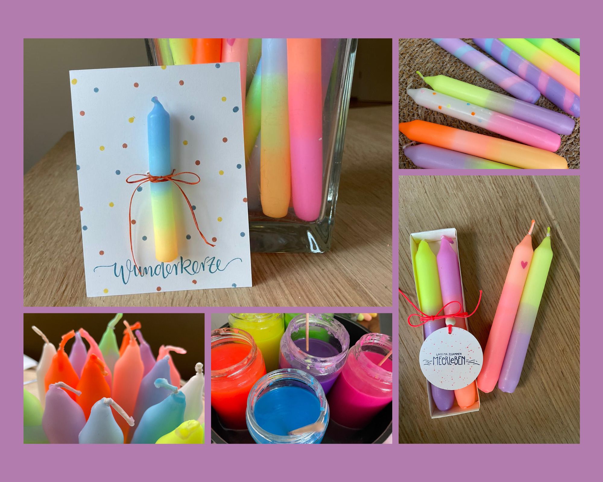 Colorful dipped candles in various settings.