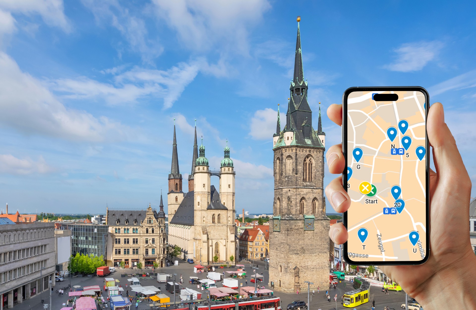 Hand holding phone with map in city square.
