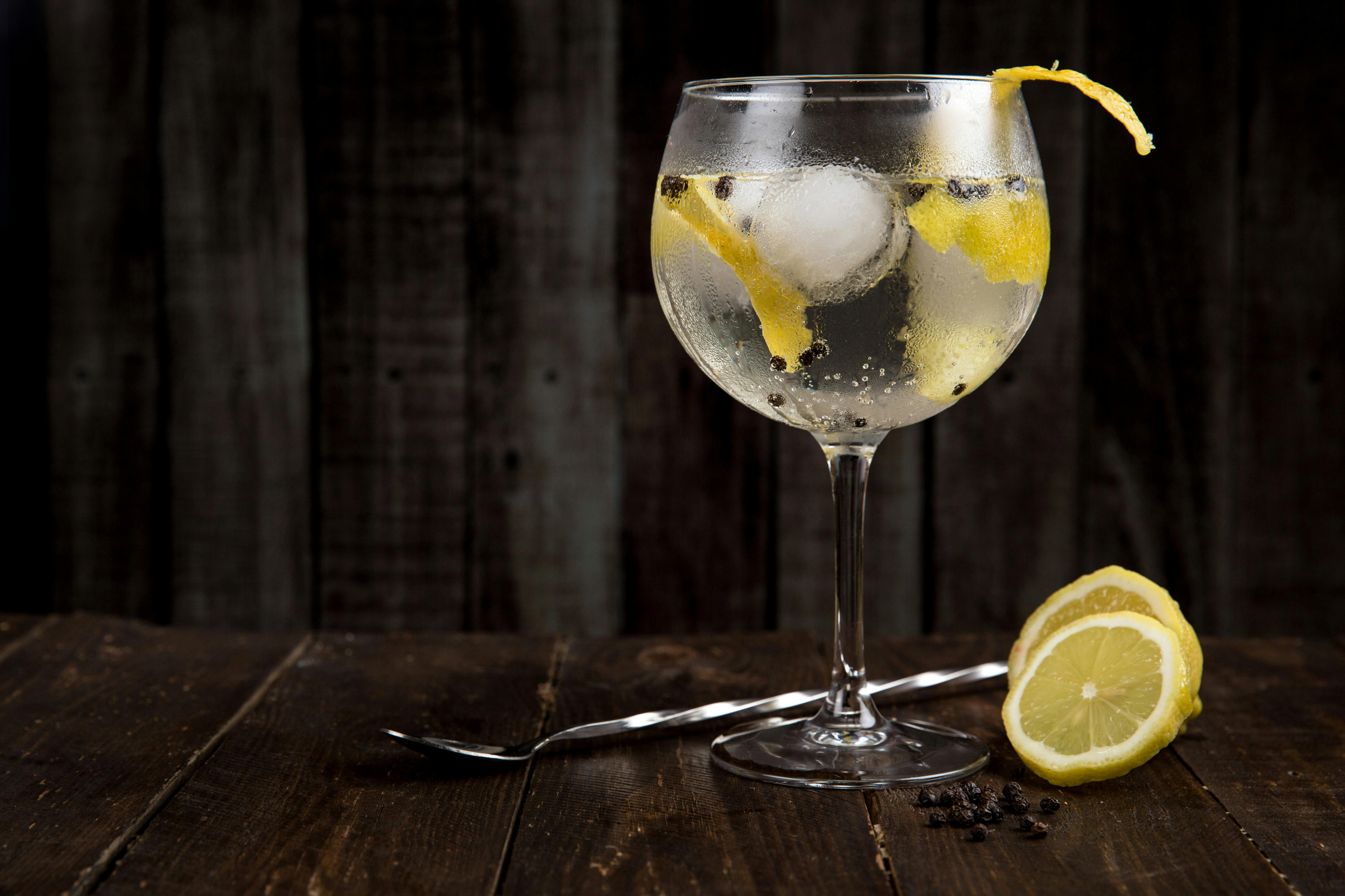 Gin Tonic-Glas mit Zitronengarnitur.