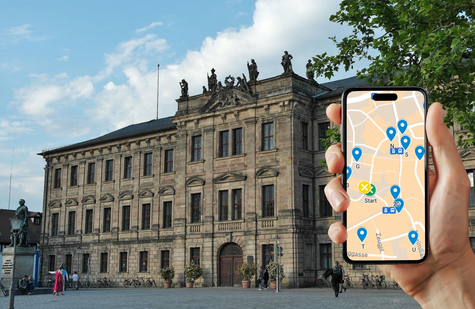 Hand holding smartphone with map app near historic building.