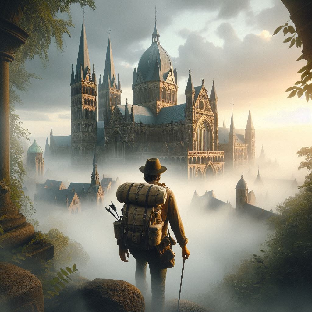 Abenteurer mit Blick auf das neblige gotische Schloss bei Sonnenaufgang.