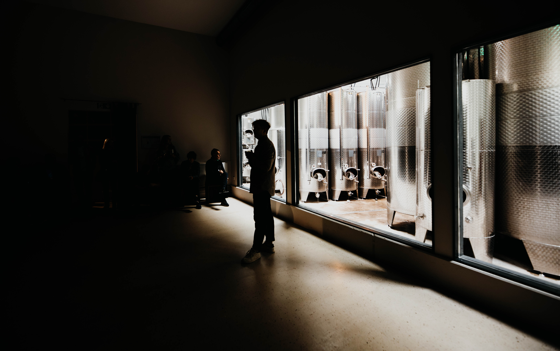 Silhouetted man stands near large tanks indoors.