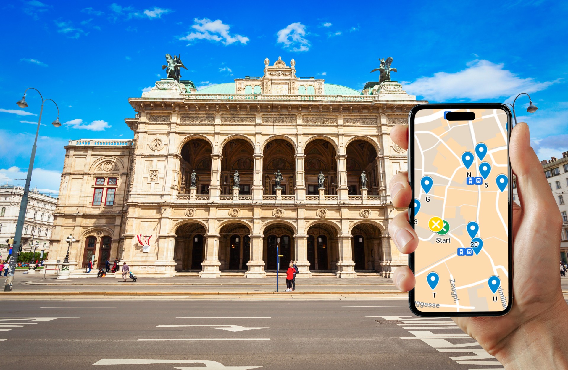 Hand holding phone with map, opera house background.