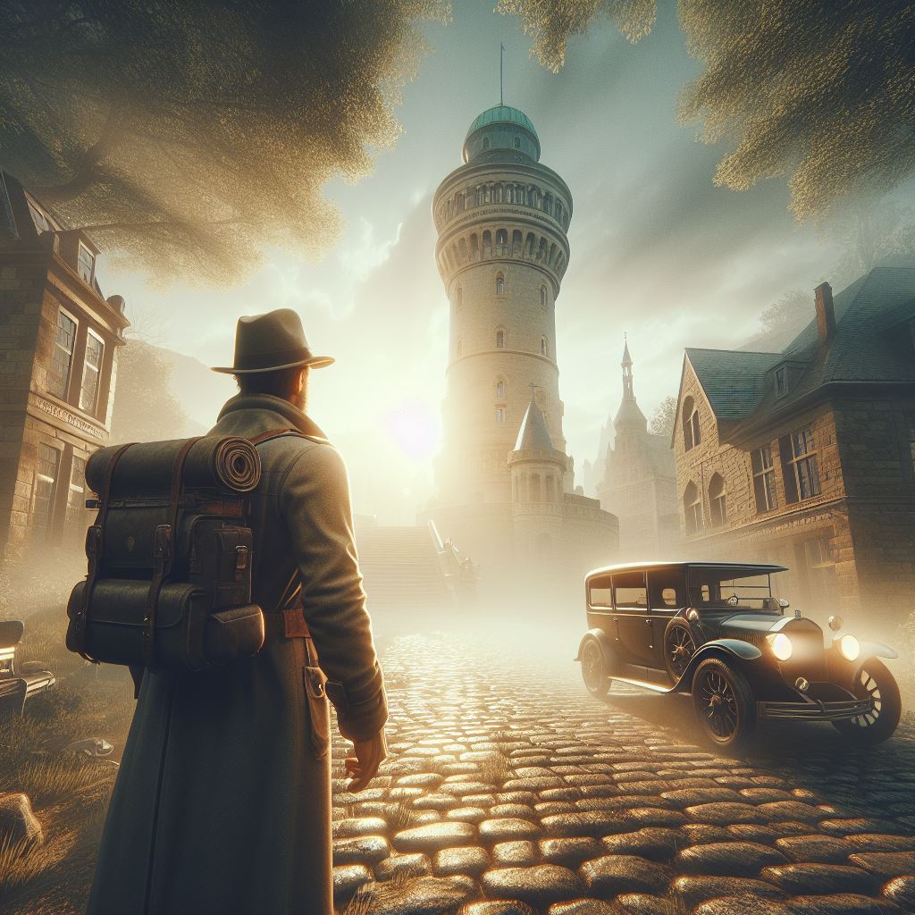 Mann mit Rucksack vor Turm auf nebliger Straße.