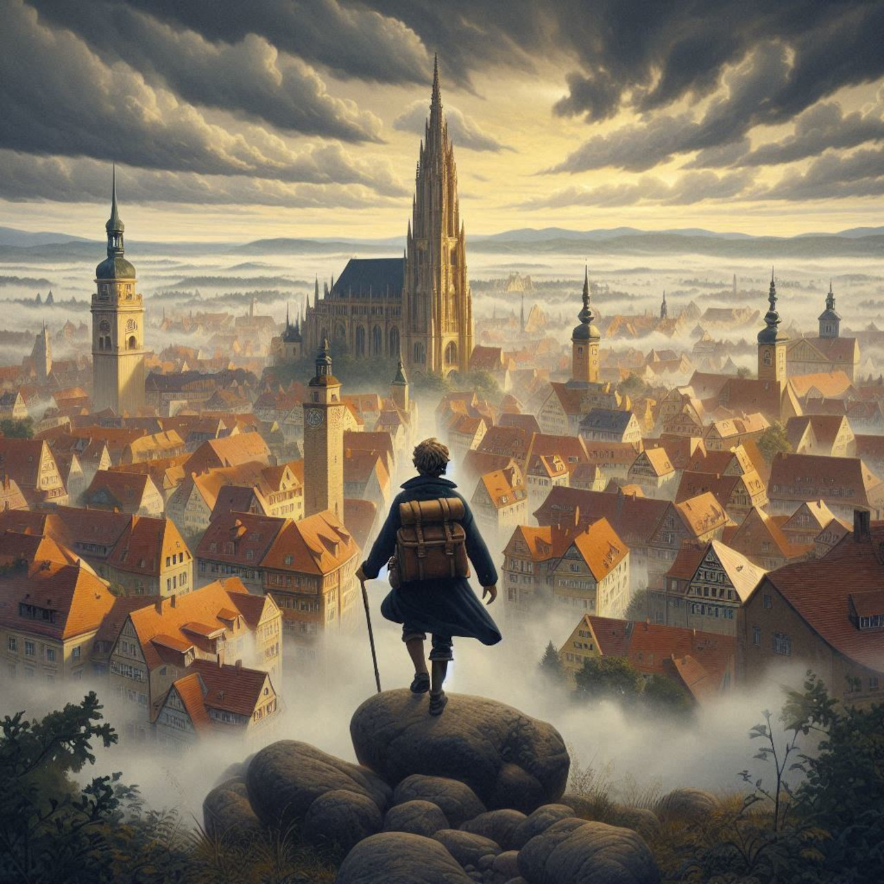Mann geht auf neblige Stadtlandschaft zu.