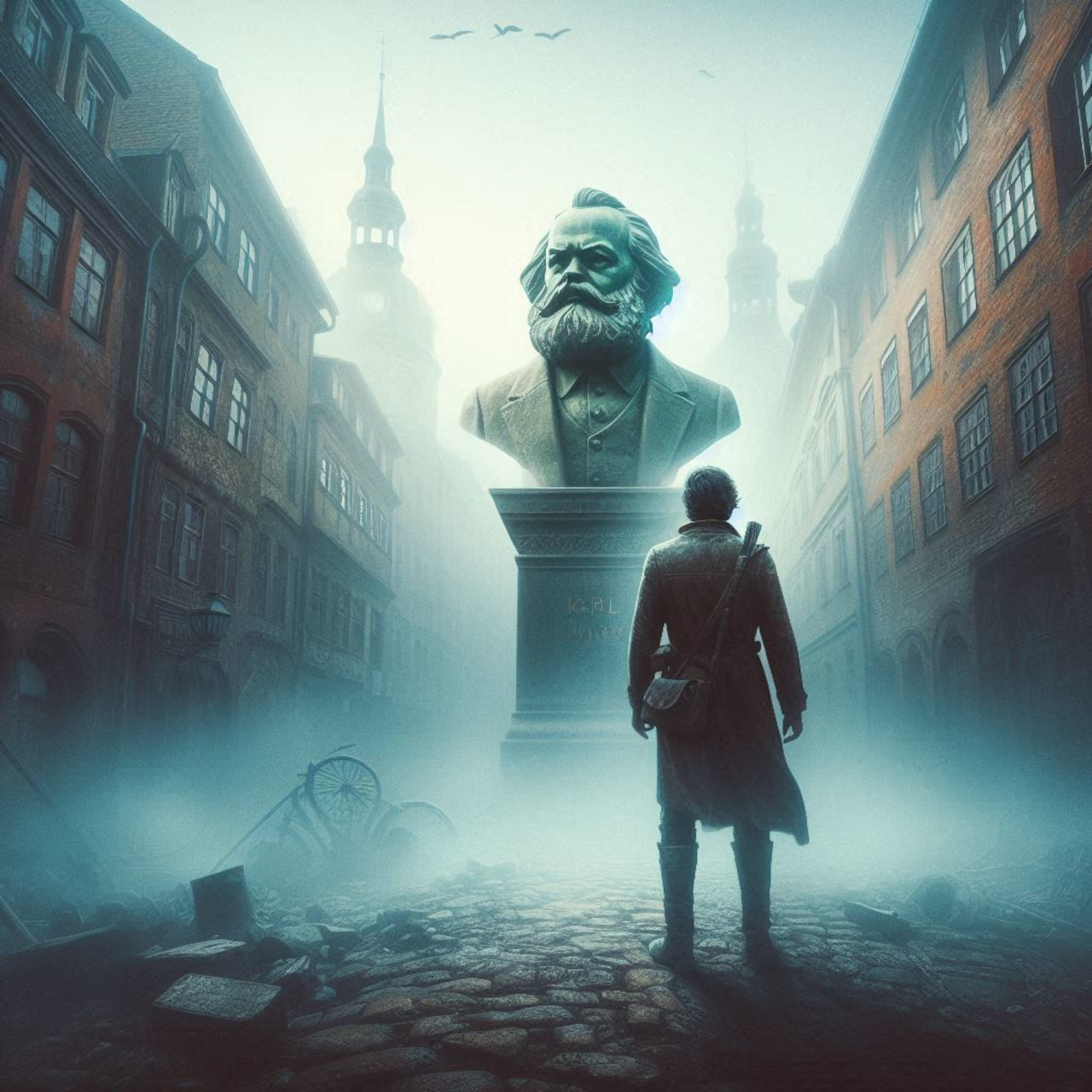 Person betrachtet Statue in nebliger Stadtstraße.