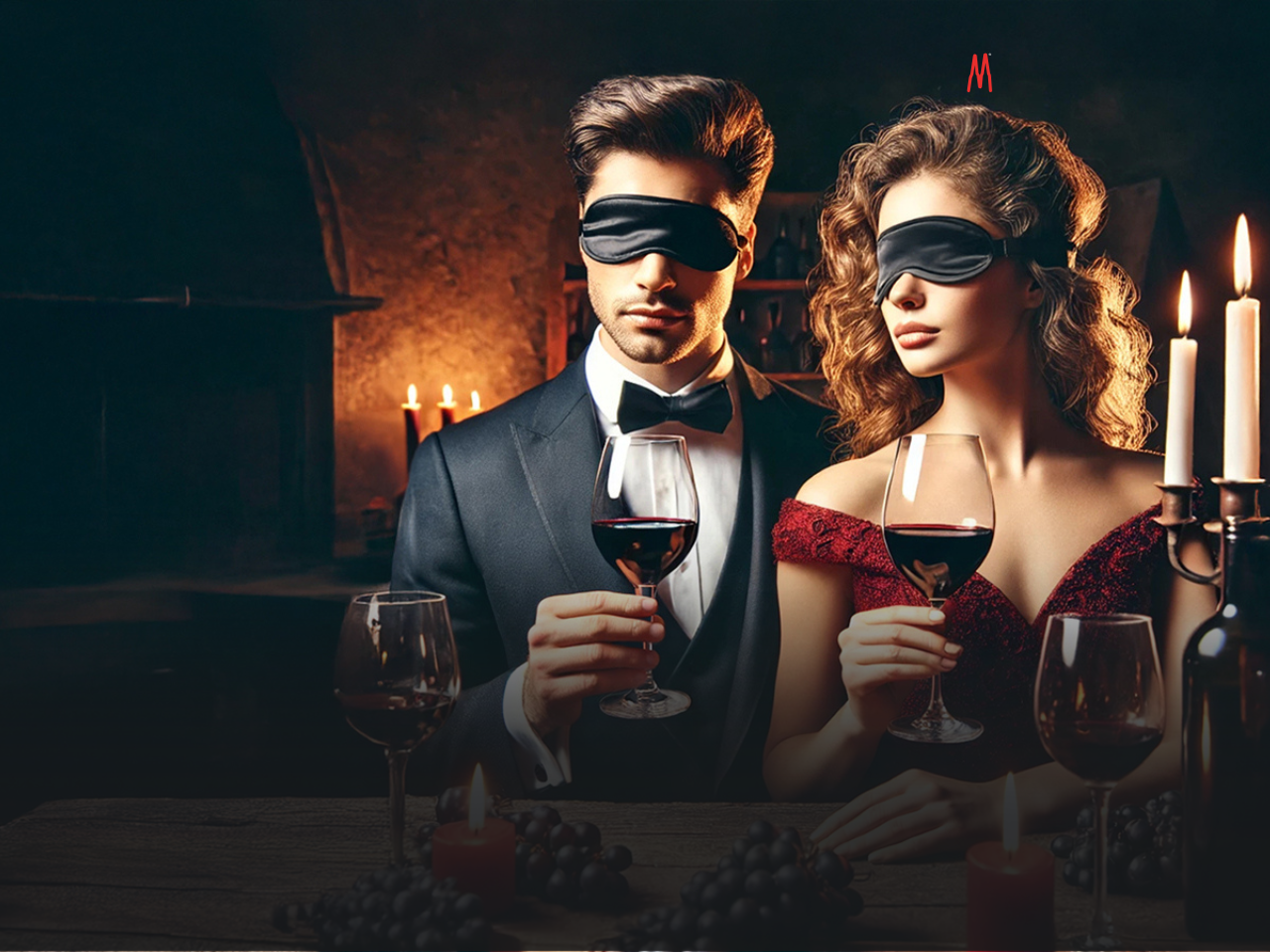 Blindfolded couple drinking wine in candlelit room.