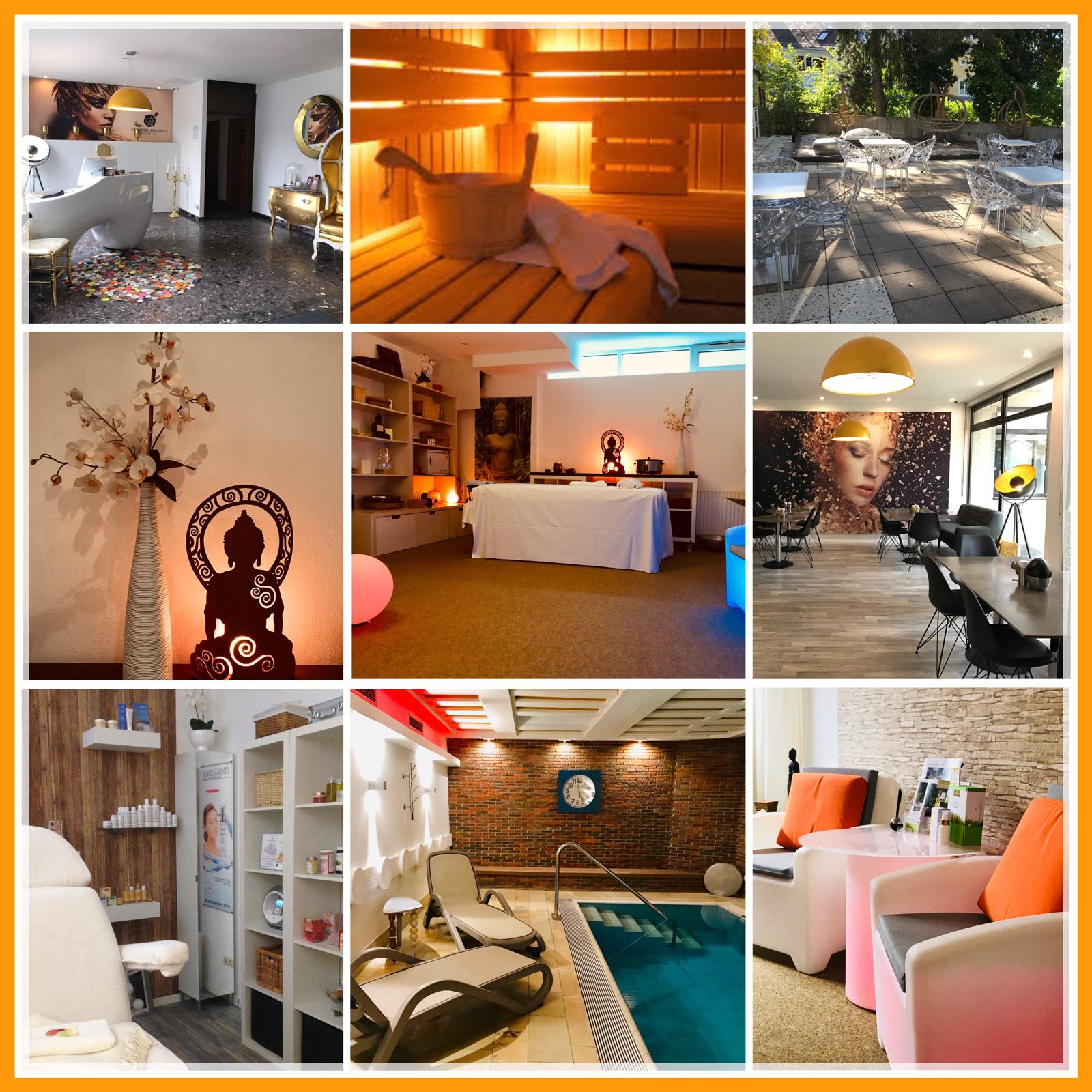 Collage of spa and wellness center interiors.