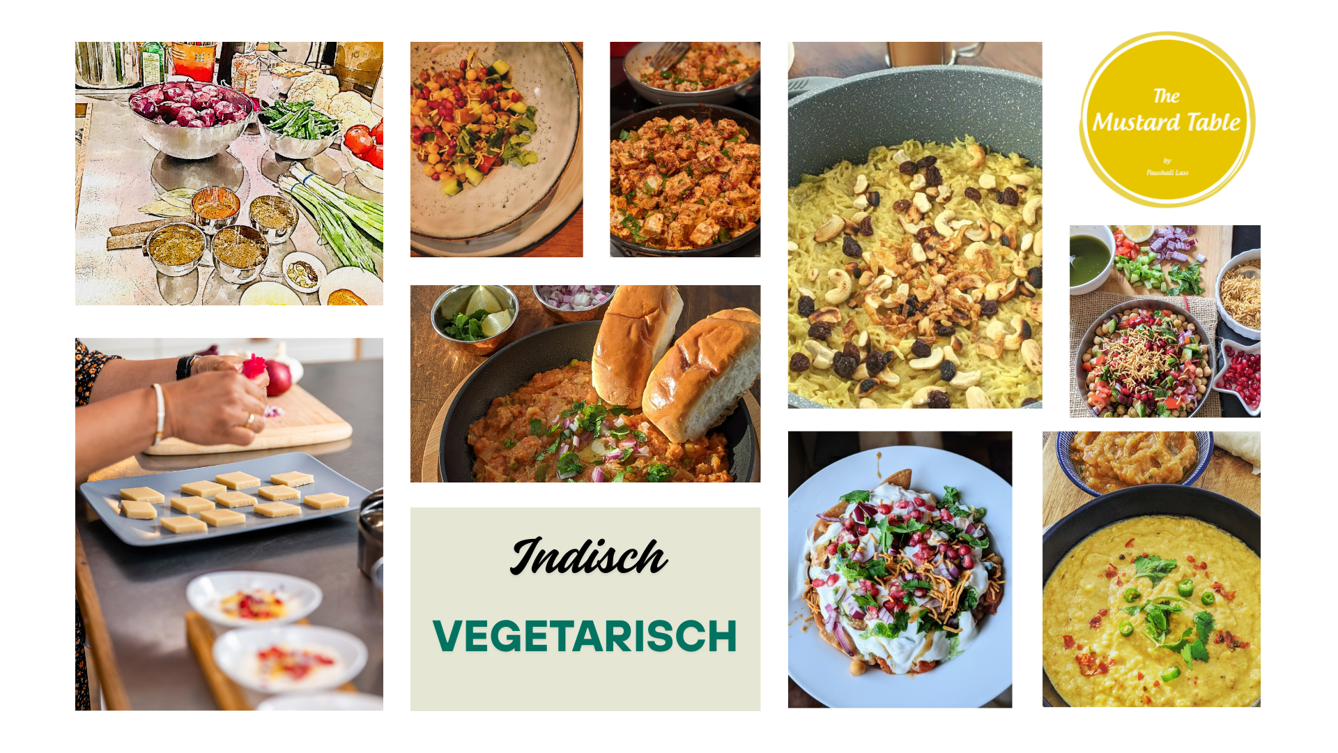 Collage indischer vegetarischer Gerichte und Zutaten.