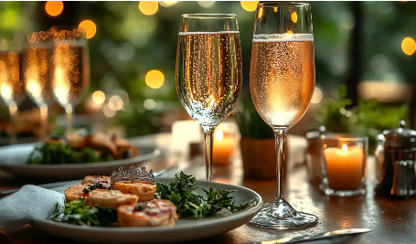 Two glasses of champagne on dinner table.
