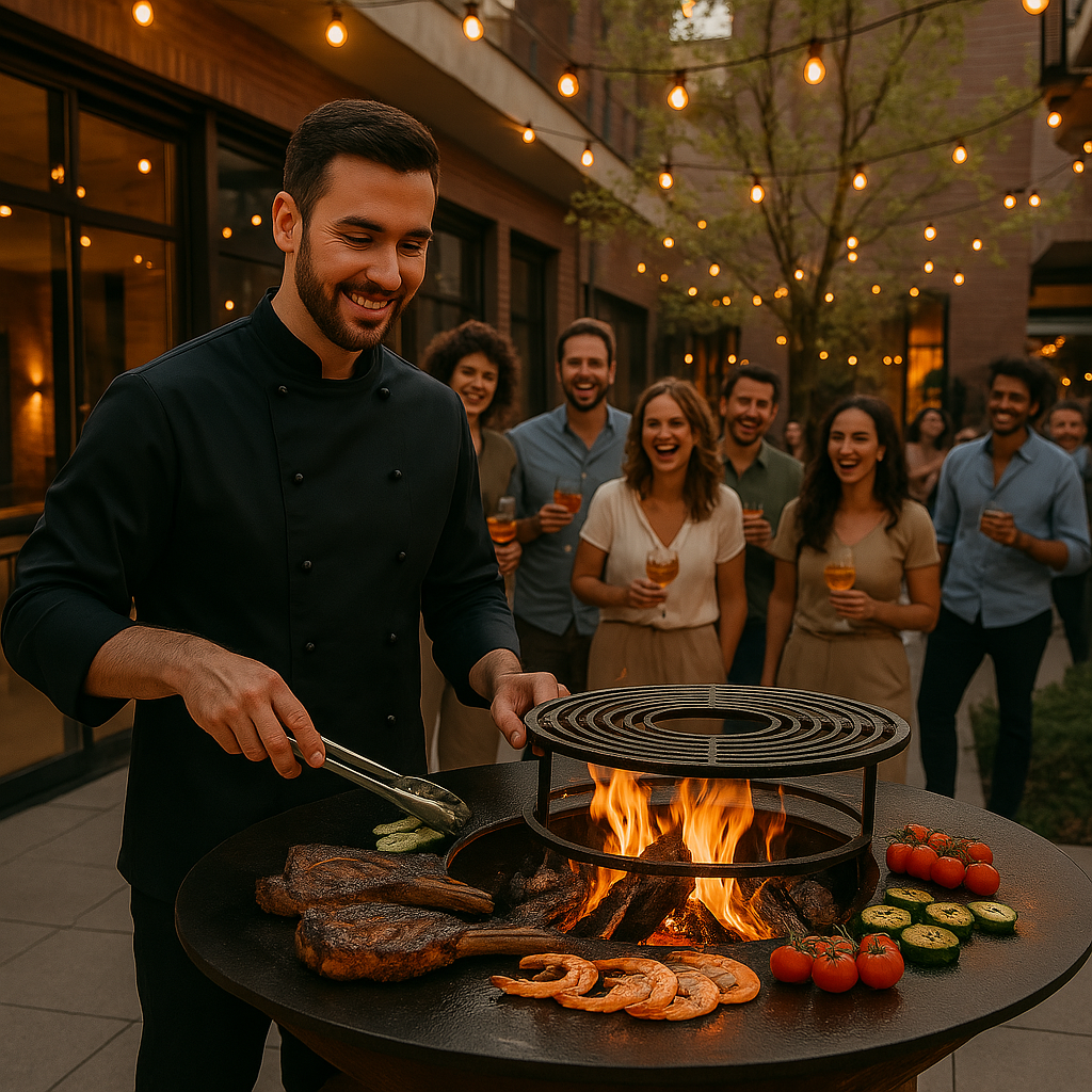 Chef grilling meat outdoors at party.